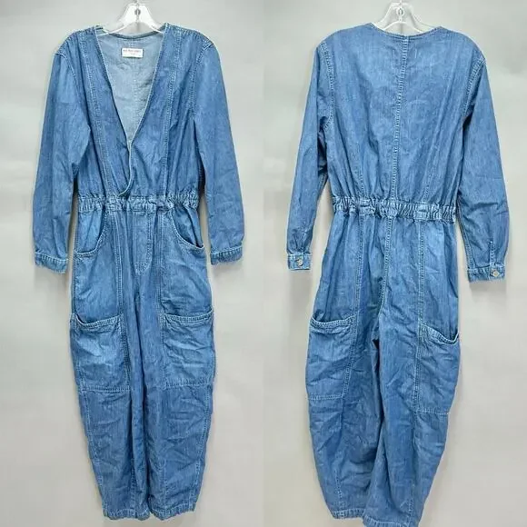 Free‎ People Archie Denim Jumpsuit Coveralls Utility Size Medium Barrel Leg